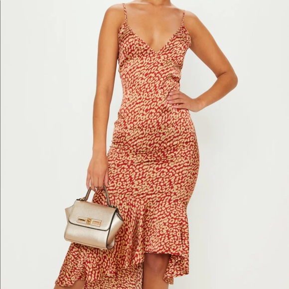 PrettyLittleThing Dresses & Skirts - NEW Pretty Little Thing 12 Red Leopard Print Frill Hem Dress Tan Ruffled Midi
